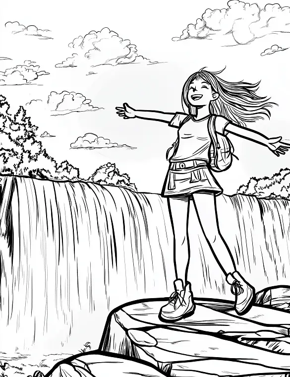 Girl Hiking at Waterfall Adventure Adult Coloring Page By Mindset Flow