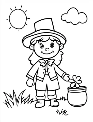 Girl Leprechaun with Pot and Flower Coloring Page