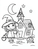 Girl Standing In Front Of A Whimsical House Halloween Coloring Page By Mindset Flow