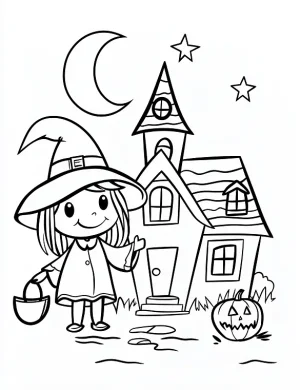 Girl Standing In Front Of A Whimsical House Halloween Coloring Page By Mindset Flow