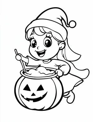 Girl Stirring Pumpkin-Shaped Cauldron Halloween Coloring Page By Mindset Flow