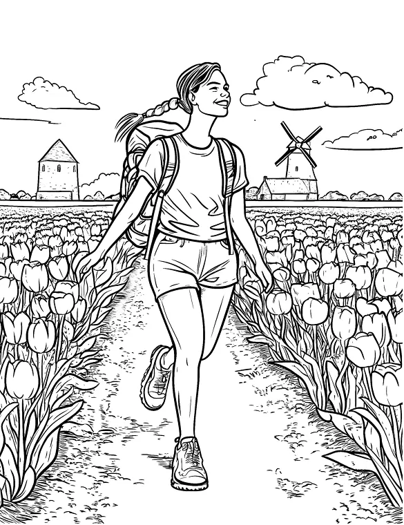 Girl Walking in Tulip Field Adult Coloring Page By Mindset Flow
