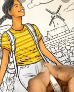 Girl Walking in Tulip Field Adult Coloring Page-HowToVideo