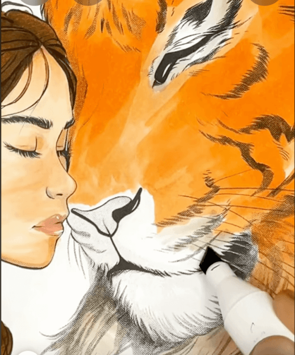Girl and Tiger Facial Connection Adult Coloring Page-HowToVideo