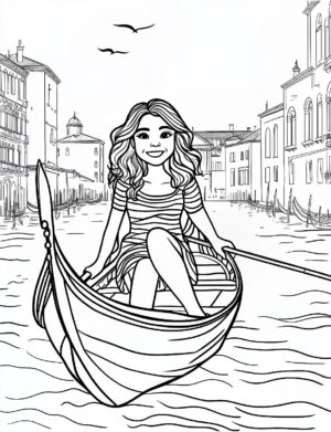Girl in Gondola in Venice Canal Adult Coloring Page