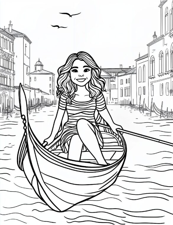 Girl in Gondola in Venice Canal Adult Coloring Page