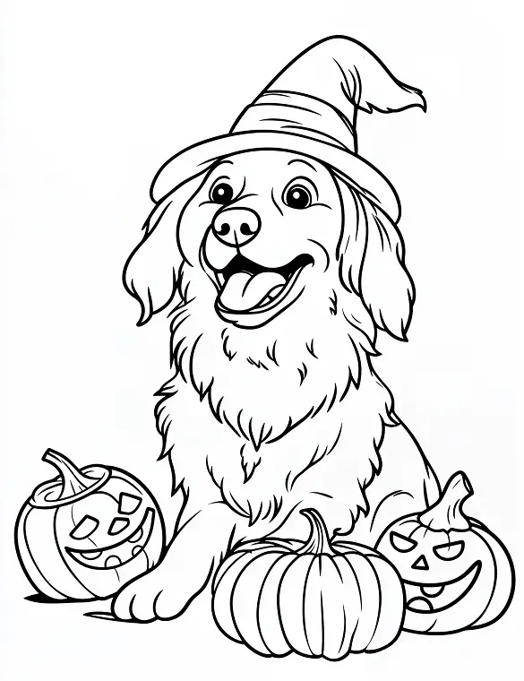 Golden Retriever Witch Hat Halloween Coloring Page By Mindset Flow