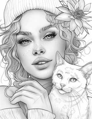 Gorgeous Woman With Cat And Flower Adult Coloring Page By Mindset Flow