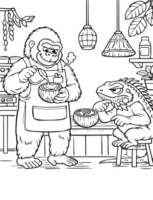 Gorilla And Iguana At Coffee Shop Coloring Page By Mindset Flow