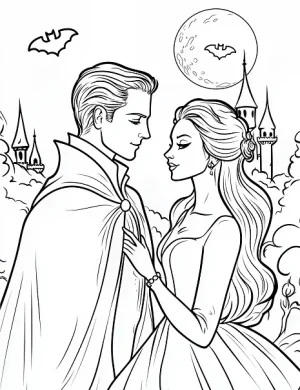 Gothic Vampire Couple Under Moonlight Coloring Page by Mindset Flow