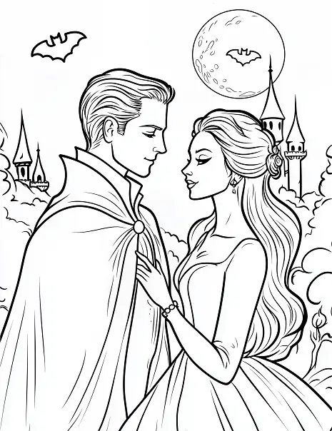 Gothic Vampire Couple Under Moonlight Coloring Page by Mindset Flow