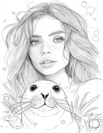Graceful Girl With Seal Adult Coloring Page By Mindset Flow