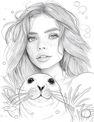 Graceful Girl With Seal Adult Coloring Page By Mindset Flow