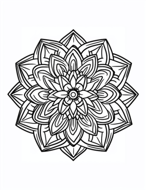 Graceful Hexagonal Mandala Floral Pattern Symmetrical Detailed Petals Coloring Page by Mindset Flow