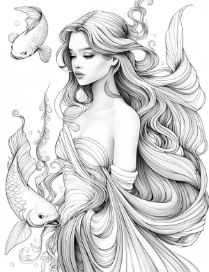 Graceful Mermaid With Flowing Hair Adult Coloring Page By Mindset Flow