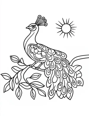 Graceful Peacock Perched on Branch with Detailed Feather Mandala Patterns Coloring Page by Mindset Flow