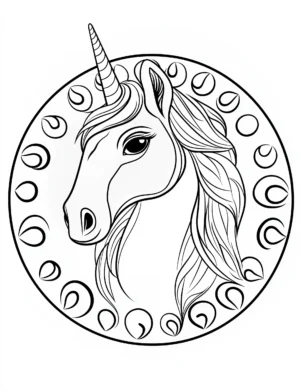 Graceful Unicorn Head Inside Circular Mandala Coloring Page