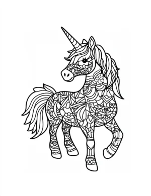 Graceful Unicorn with Flowing Tail Mandala Coloring Page