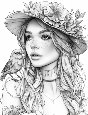 Graceful Woman With Bird and Flowers Adult Coloring Page By Mindset Flow
