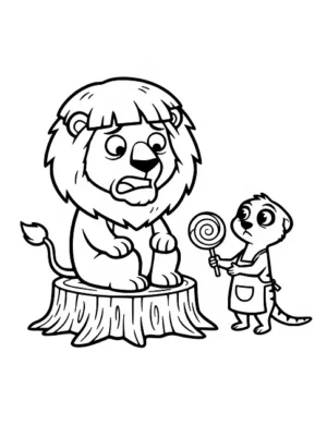 Grumpy Lion and Meerkat with Lollipop Coloring Page by Mindset Flow