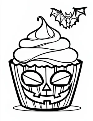 Halloween Cupcake with Bat Halloween Coloring Page by Mindset Flow