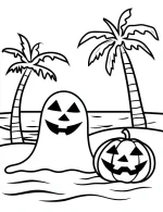 Halloween Ghost on Beach with Pumpkins Coloring Page by Mindset Flow