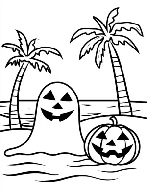 Halloween Ghost on Beach with Pumpkins Coloring Page by Mindset Flow