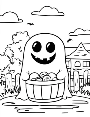 Halloween Ghost with Basket of Candies Coloring Page by Mindset Flow