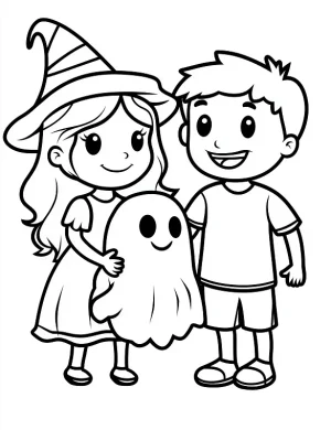 Halloween Kids with Ghost and Witch Hat Coloring Page by Mindset Flow