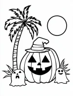 Halloween Pumpkin, Ghosts, and Palm Tree Beach Scene Coloring Page by Mindset Flow