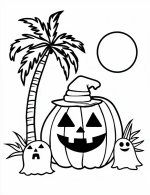 Halloween Pumpkin, Ghosts, and Palm Tree Beach Scene Coloring Page by Mindset Flow