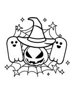 Halloween Pumpkin and Ghosts with Witch Hat Coloring Page by Mindset Flow