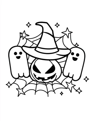 Halloween Pumpkin and Ghosts with Witch Hat Coloring Page by Mindset Flow