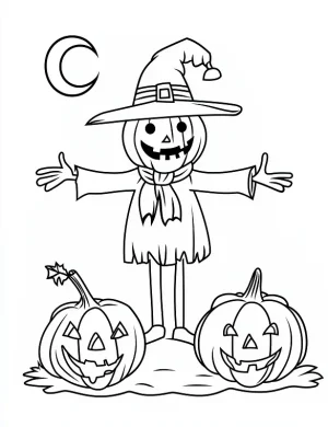 Halloween Scene Featuring A Scarecrow With Smiling Pumpkin Coloring Page by Mindset Flow