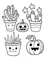 Halloween-Themed Set Of Cute Plants In Pots Coloring Page by Mindset Flow