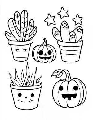 Halloween-Themed Set Of Cute Plants In Pots Coloring Page by Mindset Flow