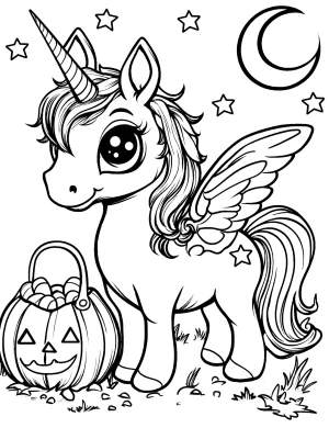 Halloween Unicorn with Pumpkin Basket and Stars Coloring Page