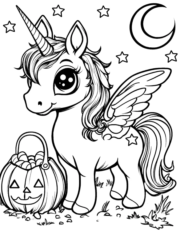 Halloween Unicorn with Pumpkin Basket and Stars Coloring Page
