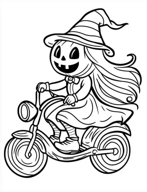 Halloween Witch Riding Scooter Coloring Page by Mindset Flow