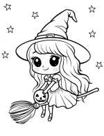 Halloween Witch With Pointy Hat And Magic Wand Coloring Page by Mindset Flow