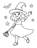 Halloween Witch with Broom and Stars Coloring Page by Mindset Flow
