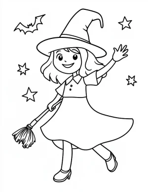 Halloween Witch with Broom and Stars Coloring Page by Mindset Flow