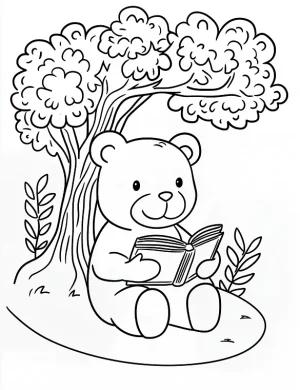 Happy Bear Reading a Book Under a Tree Coloring Page by Mindset Flow