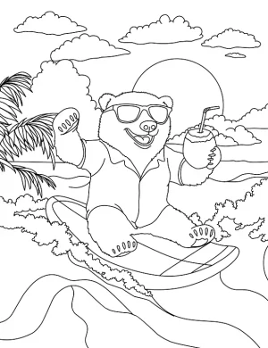 Happy Bear Surfing with Coconut Drink Coloring Page by Mindset Flow