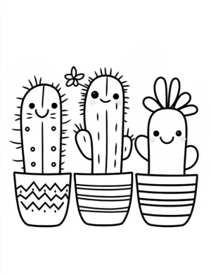 Happy Cactus Trio in Plant Pots Flower Coloring Page by Mindset Flow