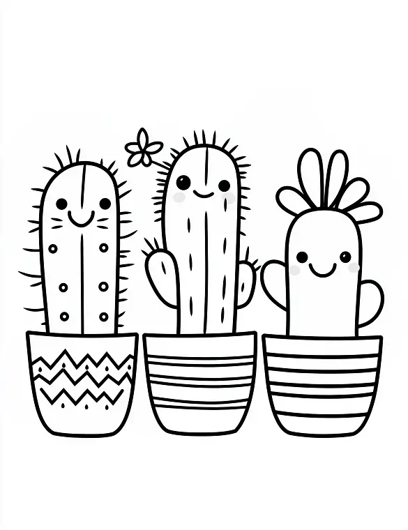 Happy Cactus Trio in Plant Pots Flower Coloring Page by Mindset Flow