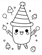 Happy Candy Character in Party Hat Halloween Coloring Page by Mindset Flow