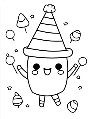 Happy Candy Character in Party Hat Halloween Coloring Page by Mindset Flow