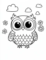 Happy Cartoon Owl with Flowers and Clouds Coloring Page by Mindset Flow
