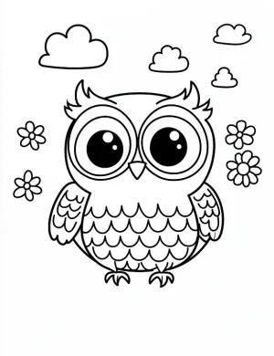 Happy Cartoon Owl with Flowers and Clouds Coloring Page by Mindset Flow